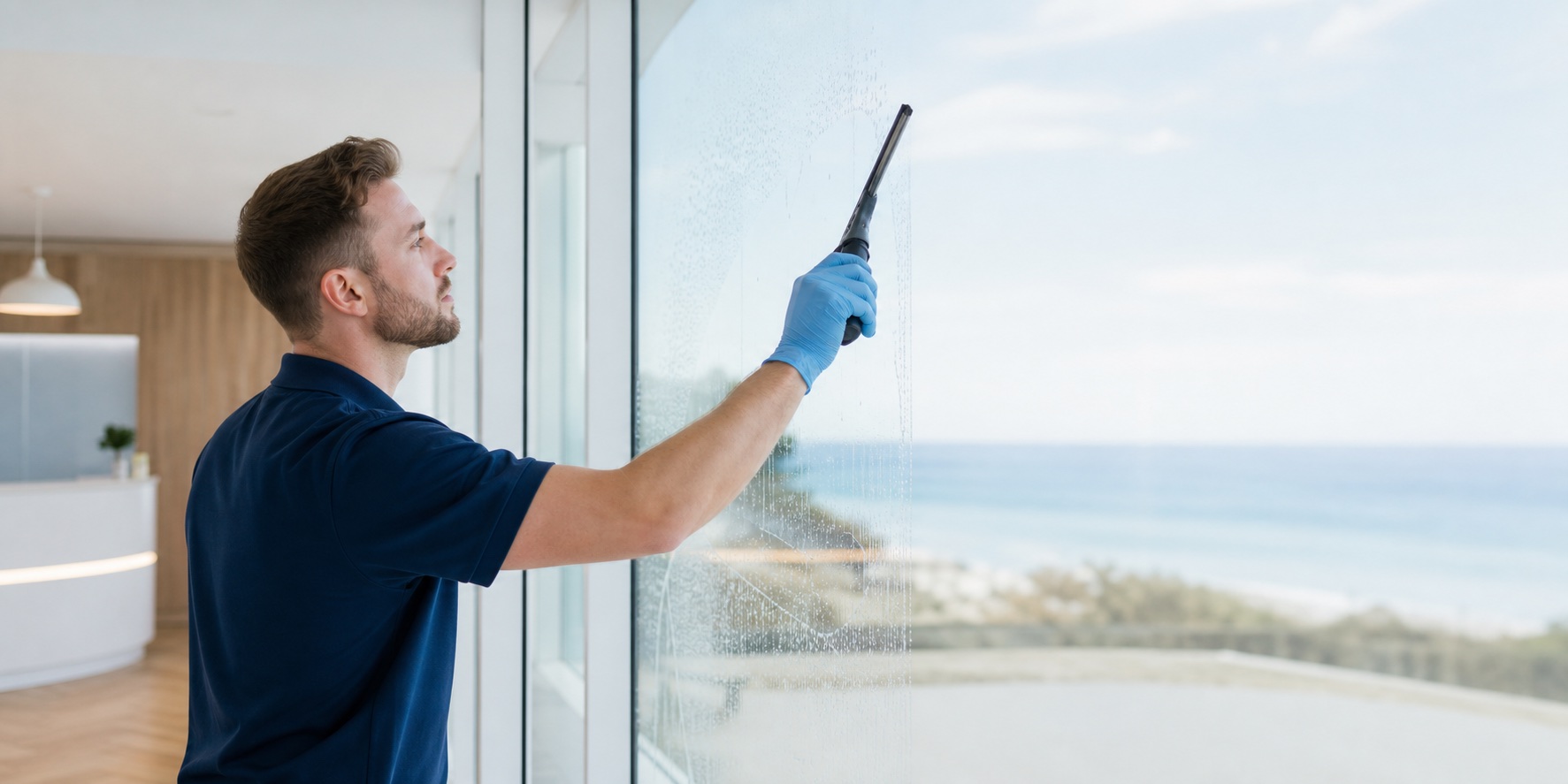 Professionelle Fensterreinigung in einem hellen Gewerberaum